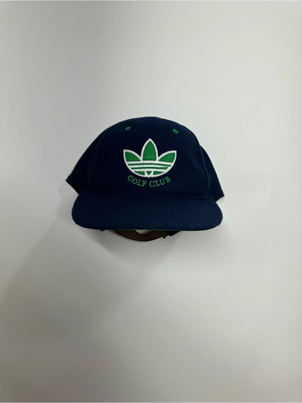 Adidas Golf Club Hat Navy Green Trefoil Strapback Leather Strap Golf Cap